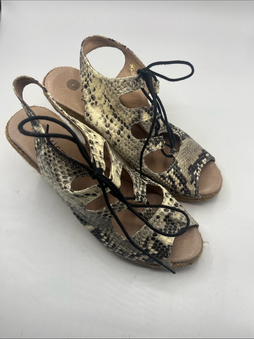Eric Michael Snake-Print Lace-Up Wedge Sandals - Beige/Black